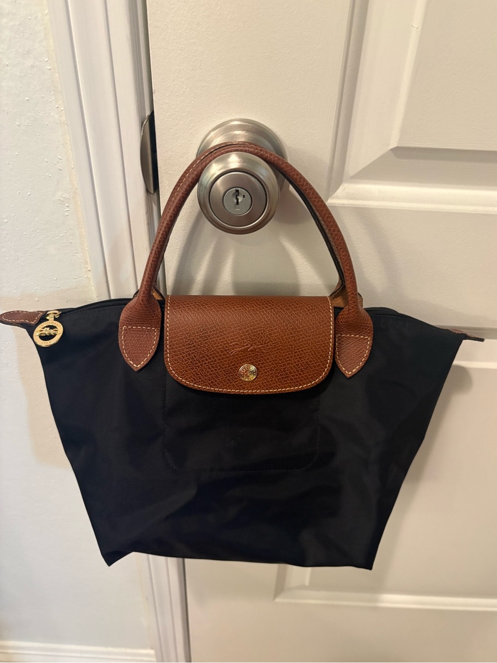 Longchamp Black Nylon Tote with Brown Leather Trim